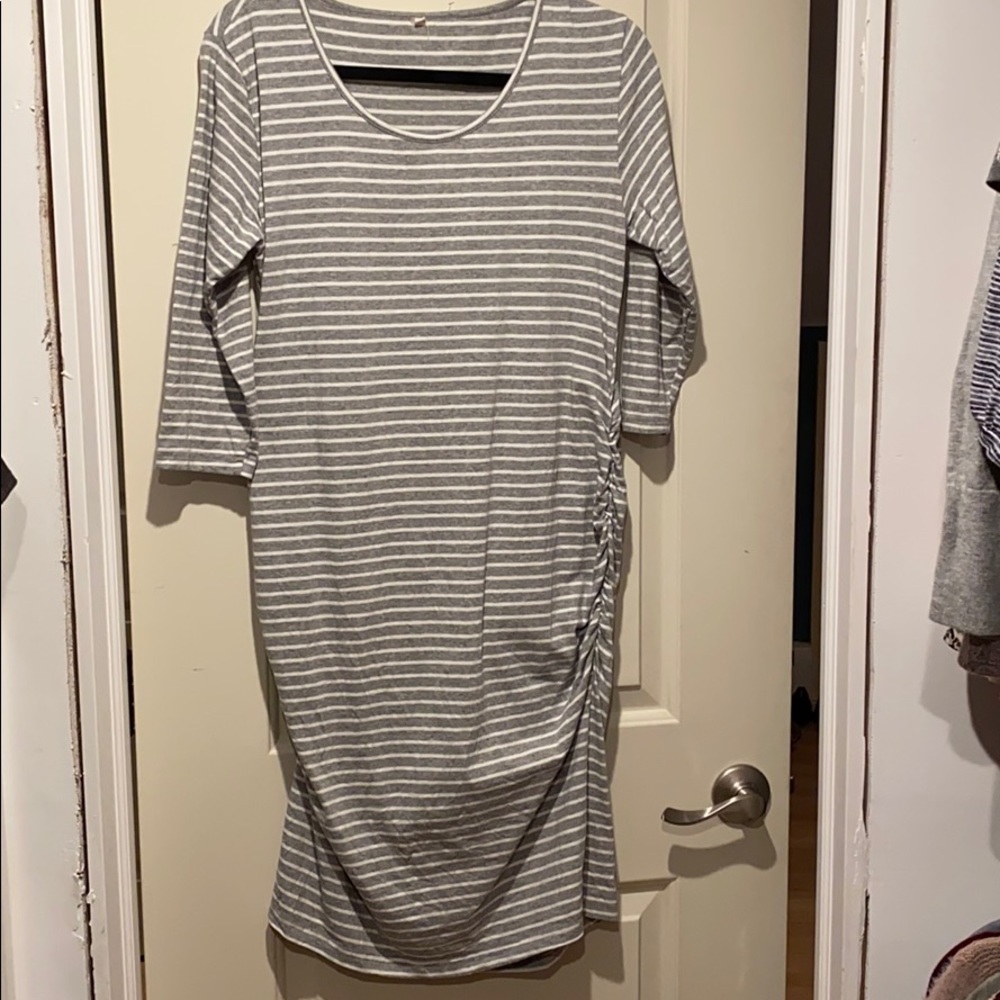 3/4 sleeve grey striped maternity t shirt dress
